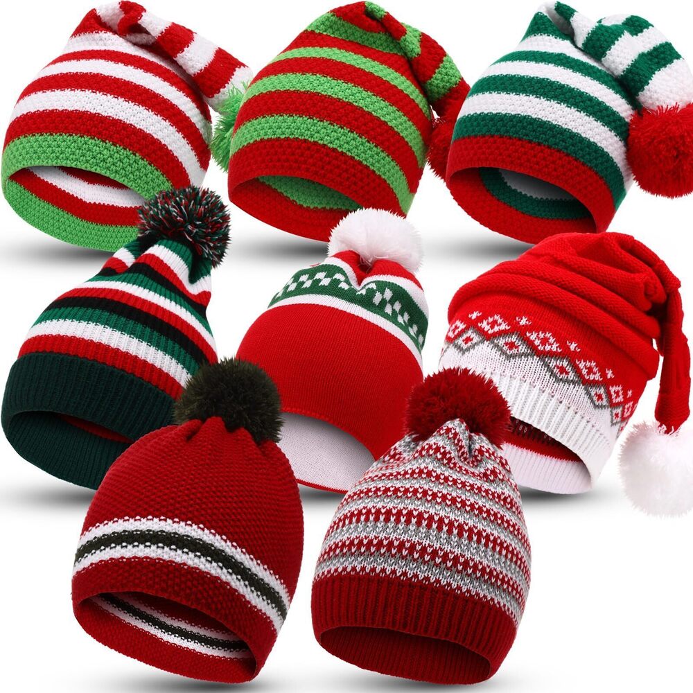6506 8 Pcs Santa Hats Adult Christmas Winter Knitted Beanie Hats with Pom
